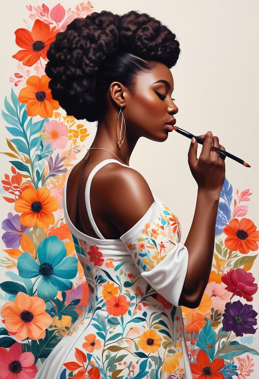 A powerful and graceful silhouette of diverse women embodying strength and beauty, surrounded by vibrant floral patterns and abstract art elements. Each figure reflects different body types and styles, illustrating empowerment and self-expression through art. Soft pastel colors blend seamlessly into a celebratory atmosphere. Include elements like paintbrushes and canvases in the background to emphasize creativity. surrealistic. vibrant colors. white background.