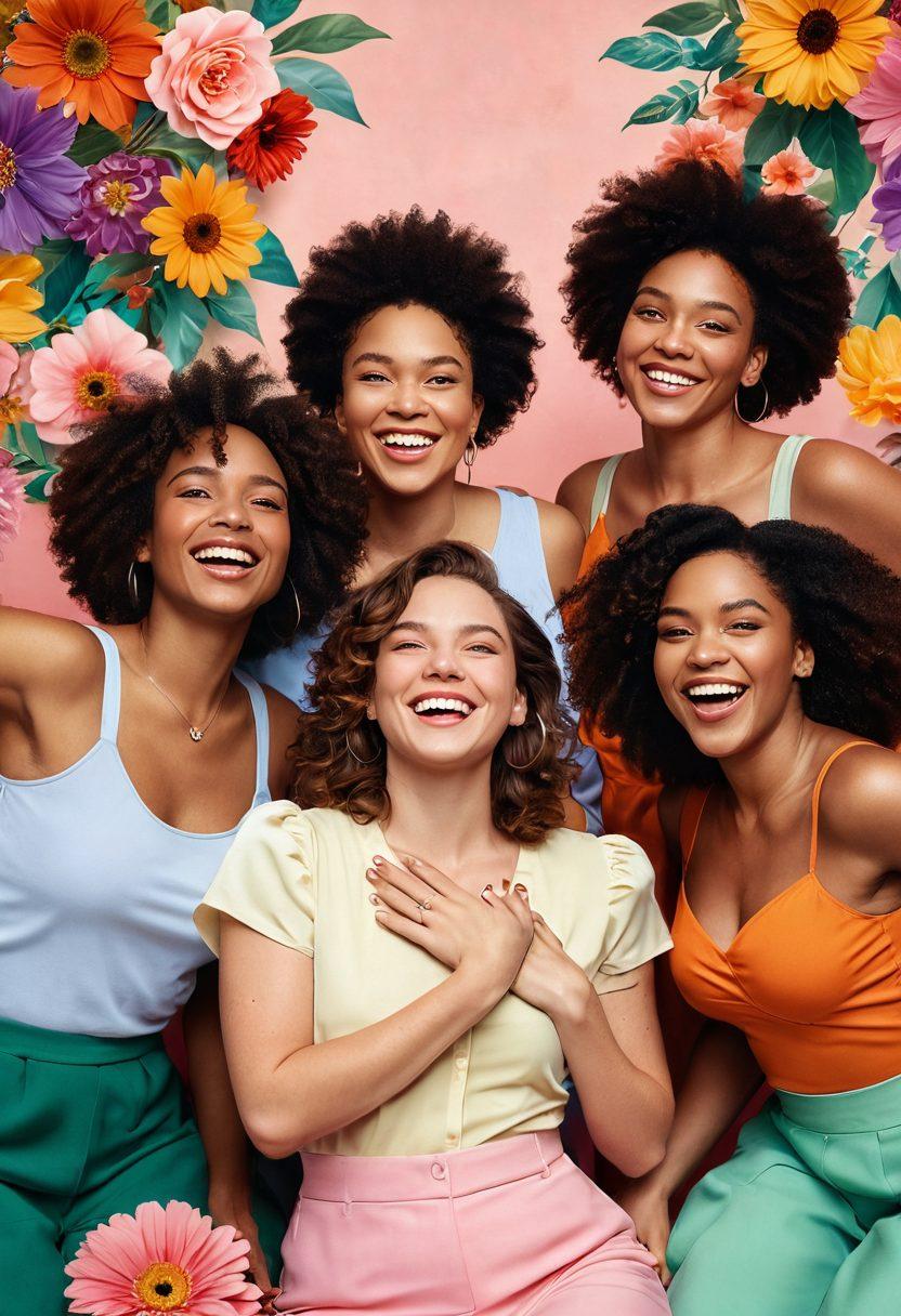 A diverse group of women of different sizes, ethnicities, and ages joyfully celebrating together in a colorful, natural setting. They are wearing vibrant outfits that express their unique styles, surrounded by flowers and positive affirmations in the air. The scene radiates confidence and empowerment, with smiles and laughter capturing the essence of femininity and body positivity. The background features soft pastel colors that enhance the feeling of joy and self-expression. super-realistic. vibrant colors. bright background.