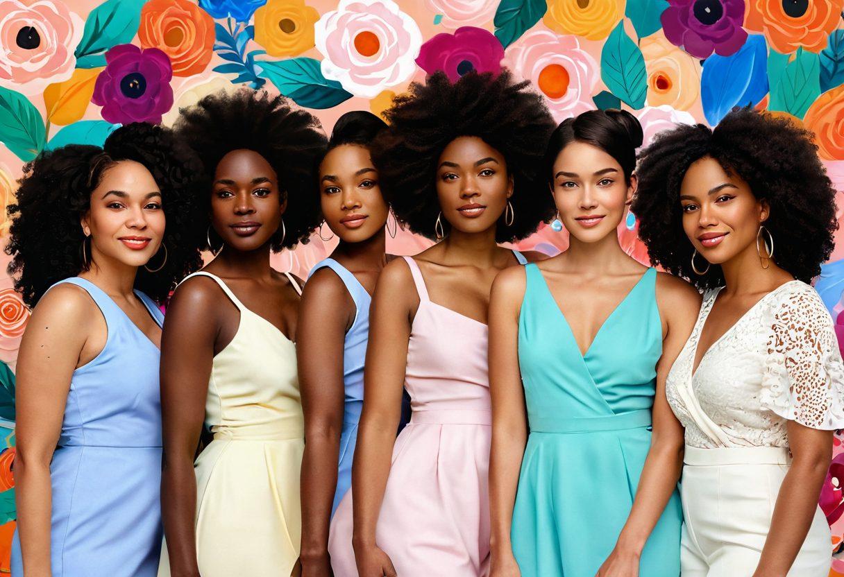 A diverse group of women of different body types and ethnicities, confidently showcasing their femininity through a celebration of styles and fashion. Vibrant flowers and soft pastels in the background evoke a sense of empowerment and beauty. Include subtle elements of nature to symbolize growth and confidence. Your image should convey warmth, positivity, and unity among women. pastel colors. vibrant background. digital painting.
